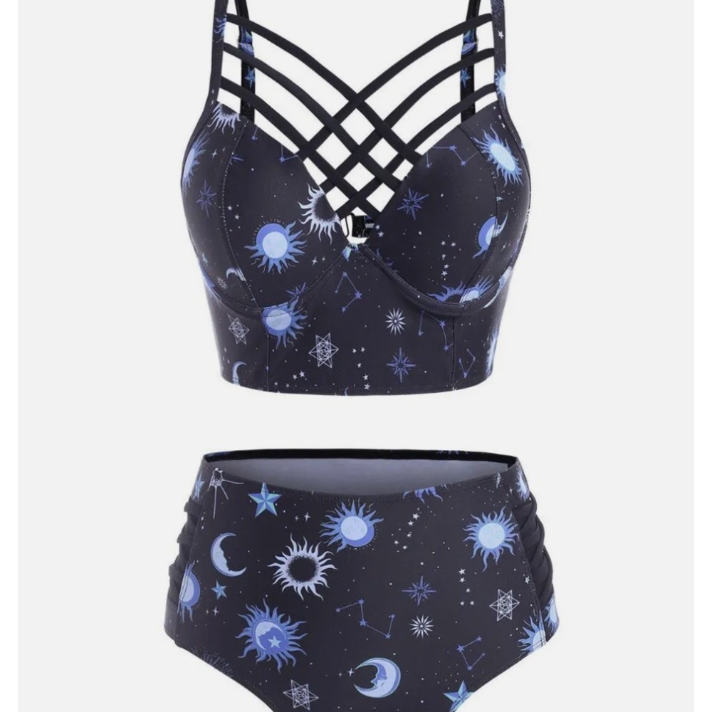 Dresslily Sun Moon Star Print 2 Pc Swimsuit Lace Up Tankini & High Bottom Sz 10